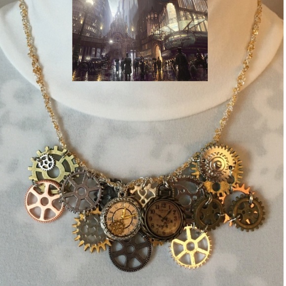 Hand Crafted Jewelry - SOLD—Steampunk Handmade Steamer Mixed Metal Bib Necklace with Gears, Clocks